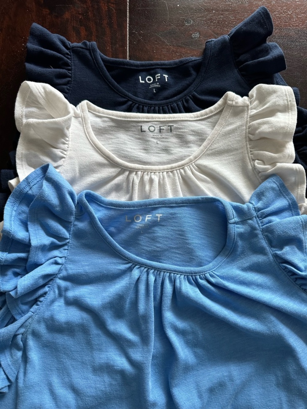 LOFT Ruffle Sleeve Tees - Navy, Cream & Light Blue